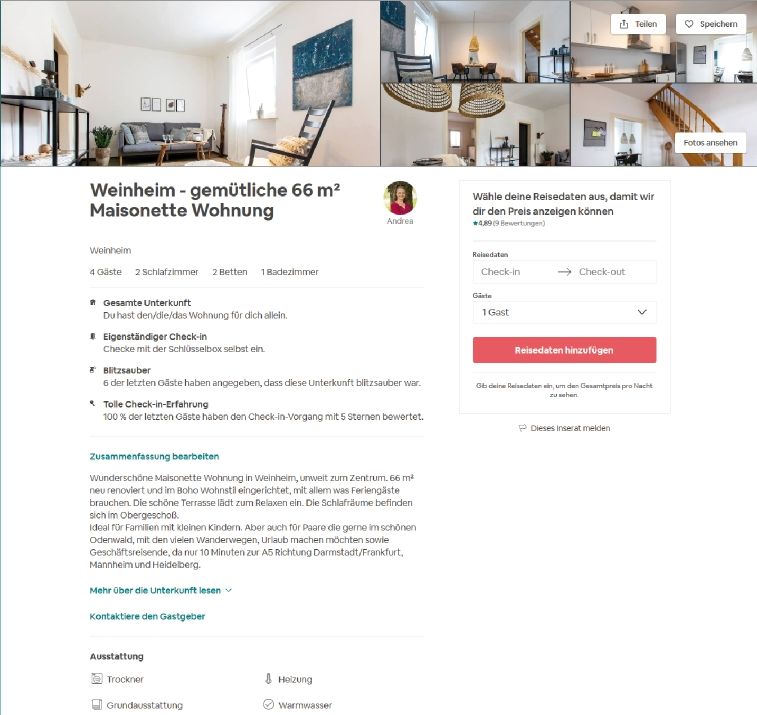 Airbnb Beschreibung einer ferienwohnung