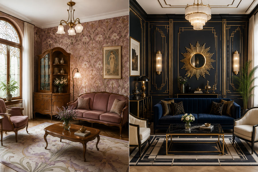 Jugendstil und Art Deco im Vergleich (KI Bild)