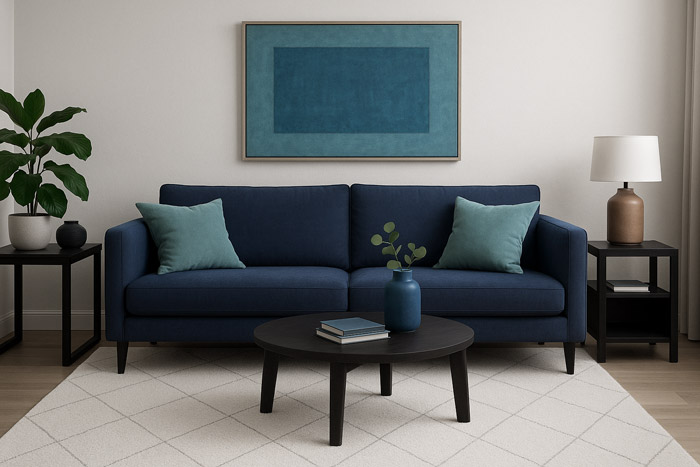 Blaues Sofa und heller Teppich