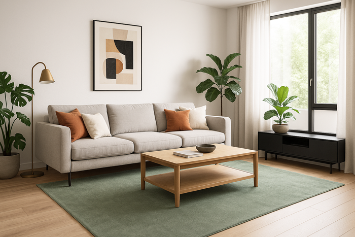 Helles Sofa und grüner Teppich
