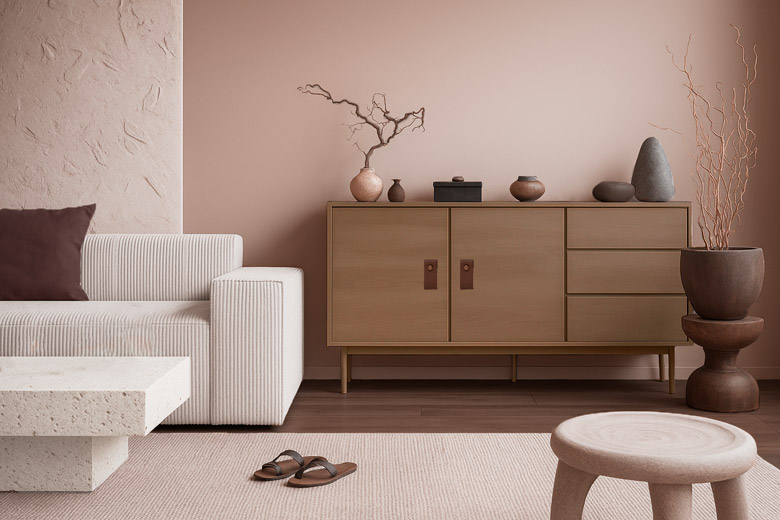 Wohnzimmer in Mocha Mousse und warmen Erdtönen