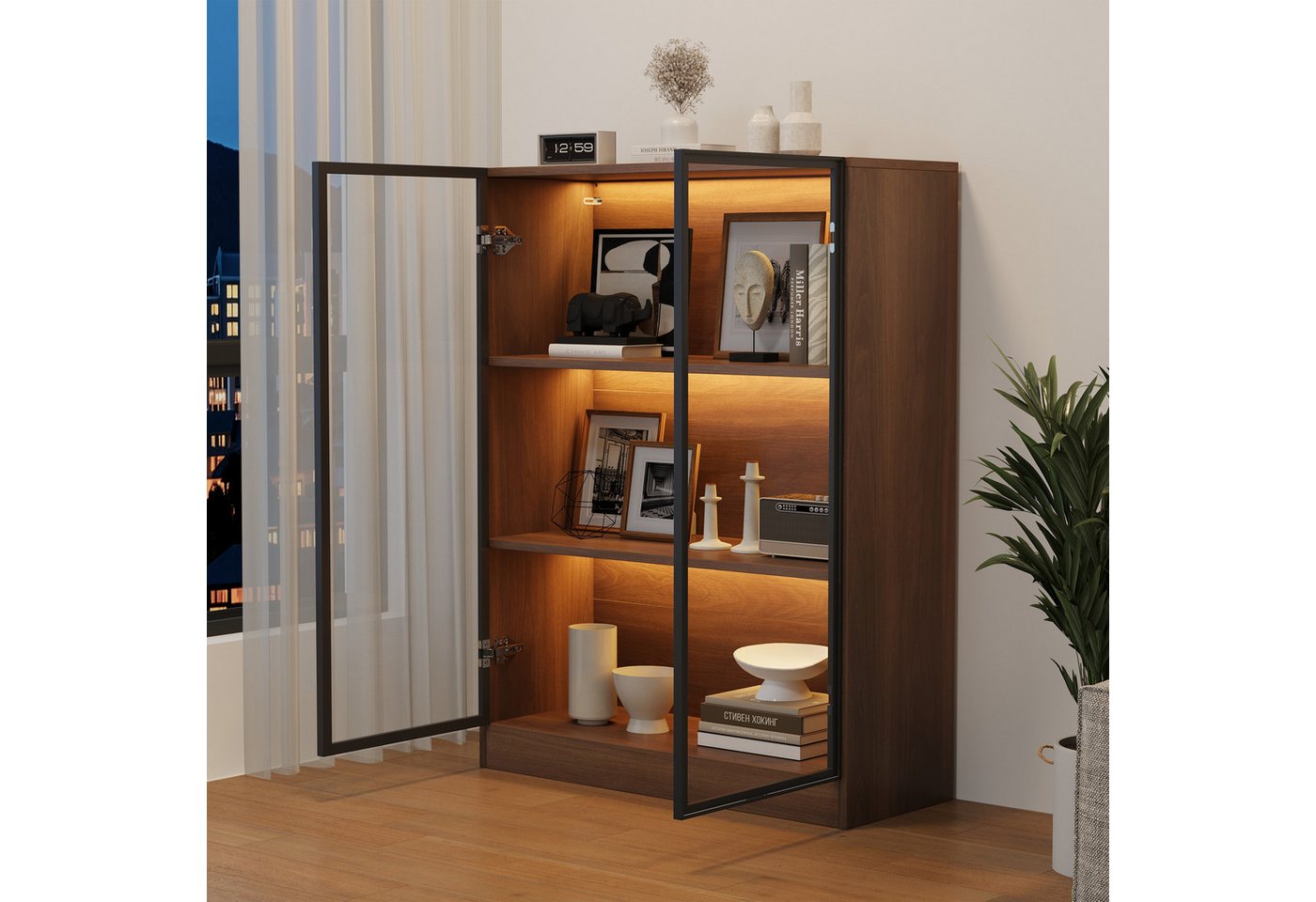 MODFU Vitrine Glasvitrine mit Beleuchtung aus 16 verschiedenen (Vitrinenschrank, Wohnzimmerschrank, 1-St., mit 3-stufigen Einlegeb&ouml;den) aus geh&auml;rtetem Glas