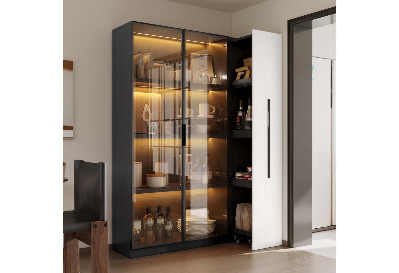 Merax Glasvitrine (2-in-1-Design Multifunktionsschrank Vitrinenschrank, 1-St., 110.5x35x160cm) LED-Vitrine mit Glast&uuml;r & seitlichem Rollregal,Hochschrank B&uuml;cherregal