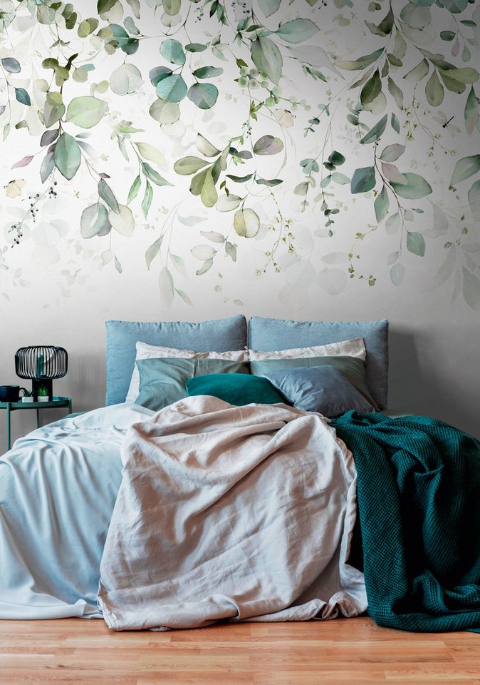 living walls Fototapete THE WALL III Bl&auml;tter-Tapete Motivtapete Bl&auml;tterranke Blattmotiv, glatt, matt, (1 St), Vliestapete Eukalyptus f&uuml;r Schlafzimmer K&uuml;che Wohnzimmer Bl&auml;tter Flur