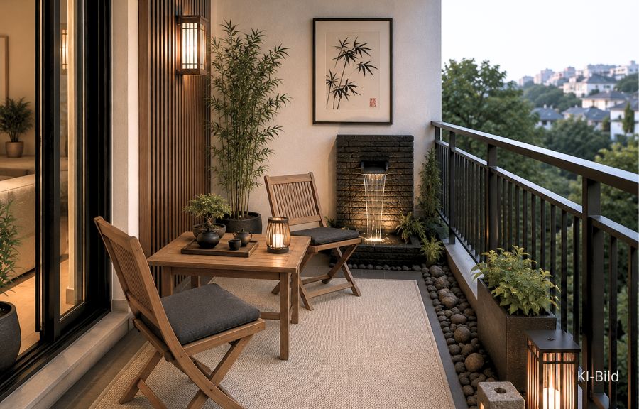 Balkon mit Outdoorteppich im asiatischen Stil