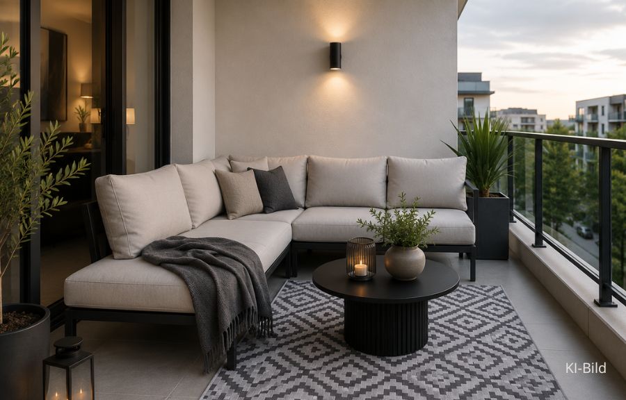 Balkon mit Outdoorteppich im modernen Stil