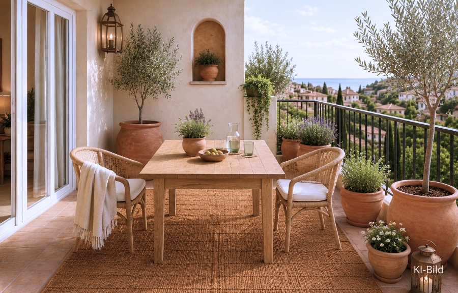 Balkon mit Outdoorteppich im mediterranen Stil