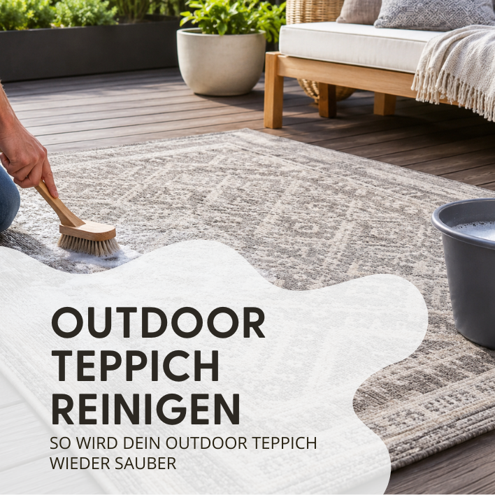 Outdoor Teppich auf einer Terrasse während der Reinigung mit Bürste und Seifenwasser