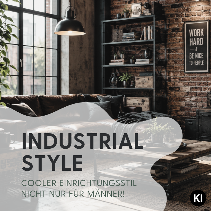 Loft im Industrial Style mit Ledercouch und Möbeln mit schwarzen Metallelementen