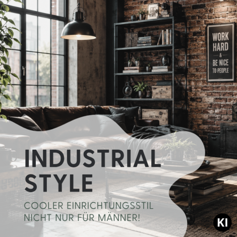 Loft im Industrial Style mit Ledercouch und Möbeln mit schwarzen Metallelementen